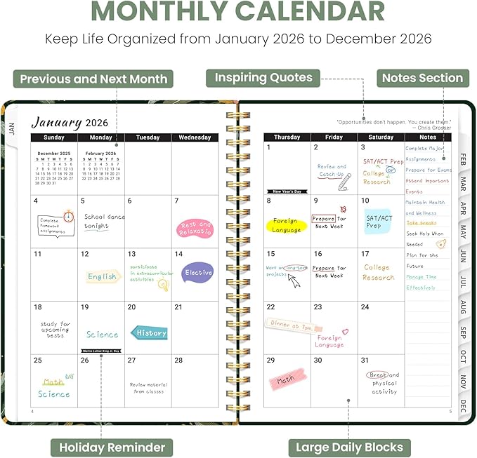 2026 Planner, Weekly and Monthly Planner for Women, Jan 2026 - Dec 2026 Pretty 2026 Calendar Planner with Monthly Tabs, Inner Pocket, Spiral Binding, Perfect for Office Home School - 6.3" x 8.5", Golden Wreath