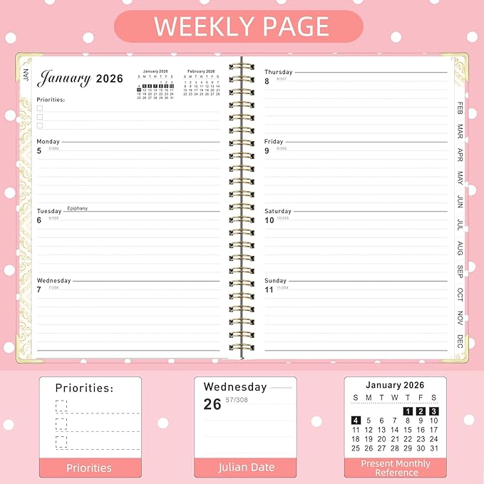 2026 Monthly Planner, Jan.2026 - Dec.2026 Weekly Planner 6.25"x8.5" with Page Tabs, Calendar Hardcover with Inner Pocket, Elastic Band, Twin-Wire Binding, Bookmark, White Pink Polka Dots