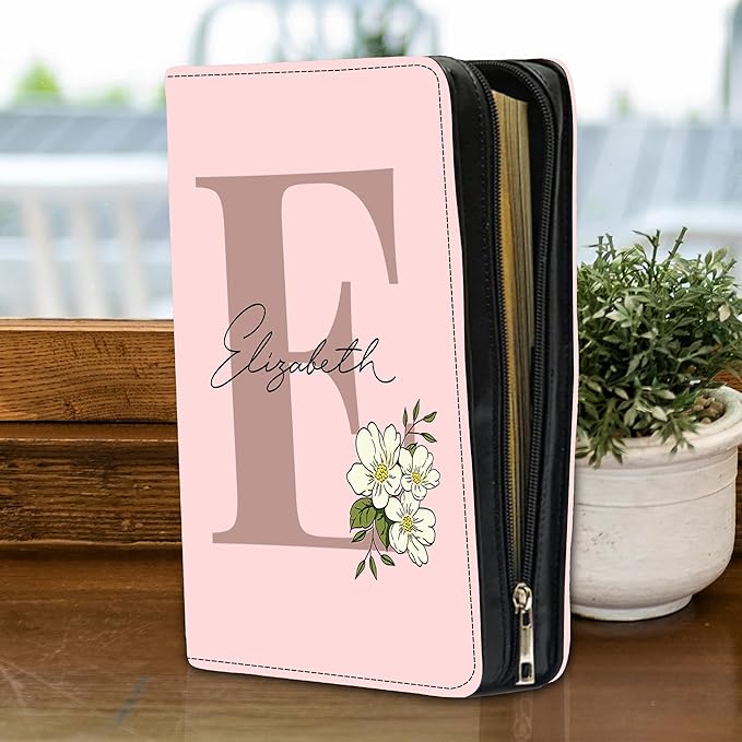 Custom Leather Bible Cover with Name – Personalized Bible Case for Women Zippered with Handle, Bookmark & Storage Pockets, Christian Gift for Mom, Daughter, Grandma (Innitial 02, M-2XL)