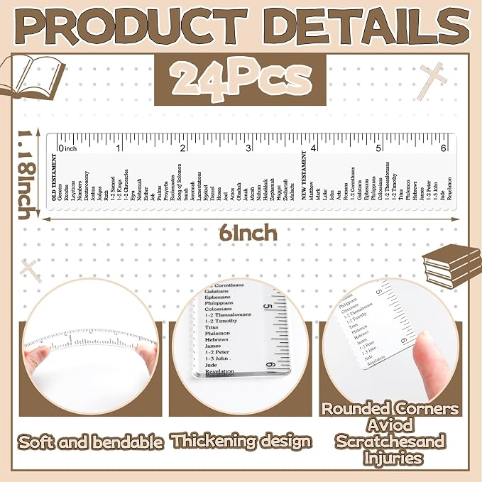 24 Pcs Clear Bible Verses Ruler with Scalloped Edge 6 Inch Christian Rulers with Books of The Bible for School Classrooms,Multitool or Bookmark(Old & New Testament)