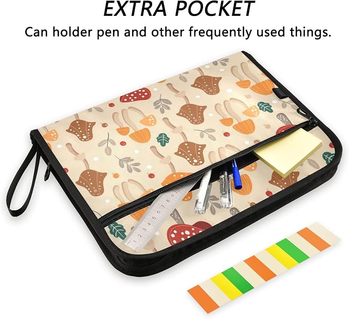 Mushroom Pattern Design Expanding File Folder with Sticky Labels, 13 Pockets Accordion File Folder Document Organizer Expandable Zip File Folder with Zipper Closure