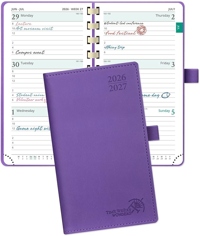 POPRUN Pocket Planner 2026-2027 (Slim Size 3.5'' x 6.5'') Academic Purse Calendar (July 2026 - June 2027) with Hourly Time Slots, 100GSM Thick Paper, Spiral Soft Cover - Purple