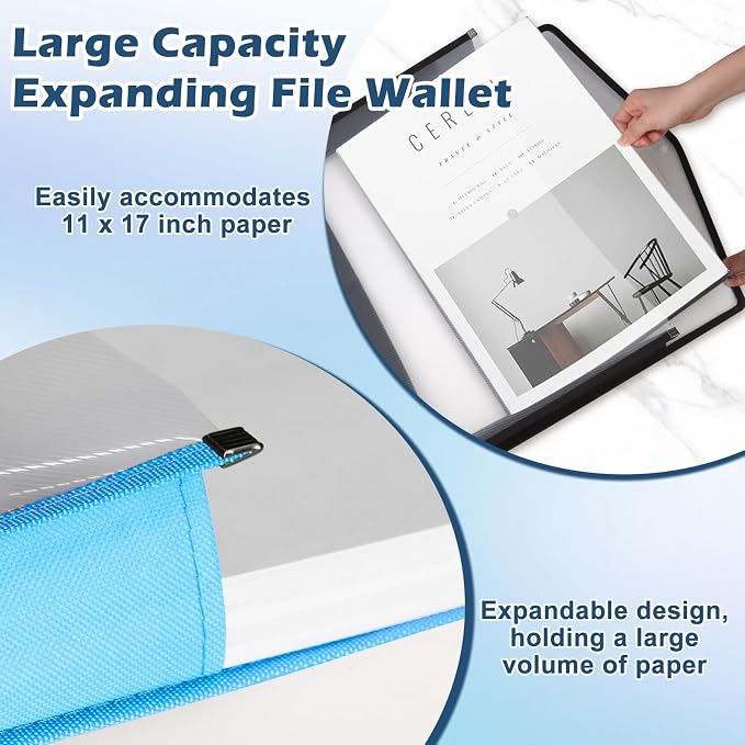 6 PCS 11 x 17 Inch Expandable Tabloid Size Document Folder with Label A3 Plastic Folders for Documents Expanding File Wallet Envelope Size Waterproof Black Pink Blue Clear Plastic File Pouch