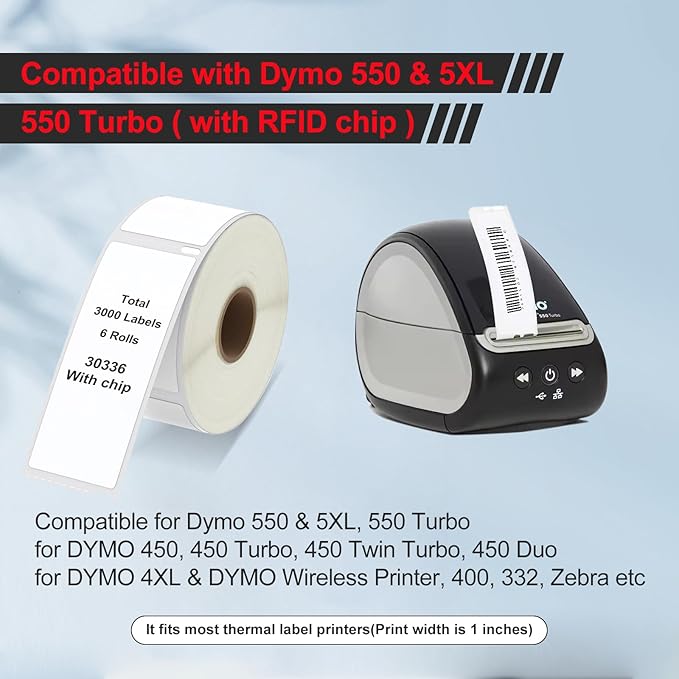 RGiNK for 30336 Labels (with RFID Chip) Compatible Replacement for DYMO 550 Labels (1" x 2-1/8") Inventory Stickers Work with DYMO Labelwriter 550 5XL Labelwriter 450 4XL [6 Rolls, 3000 Tags]