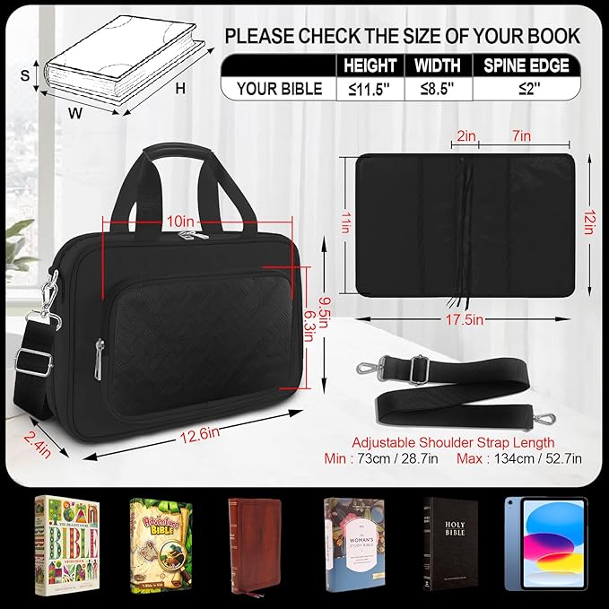 Large Bible Cover Case for Boys Mens, Book Carrying Case with Highlighters Tabs Pens, Bible Bag for Men Organizer, Bible Holder Bible Study Supplies Journaling Kit, Christian Gifts Black