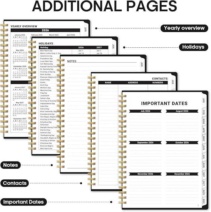 2026 Planner, Weekly and Monthly Calender Planner, Jan 2026 to Dec 2026, Hardcover 2026 Calendar Book with Tabs & Inner Pocket, Office Home School Supplies for Women & Men - A4 (8.5" x 11"), Black