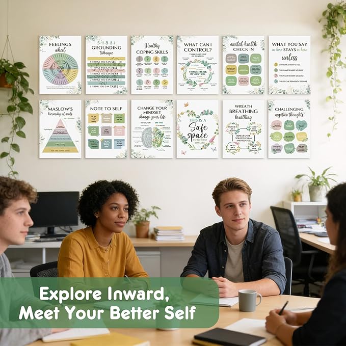 12 Pcs Mental Health Growth Mindset Change Posters Set (11x17") - Safe Space Feelings Wheel Coping Skill Poster for Therapy Counseling Office School Home Wall Decor Counselor Therapist Gifts