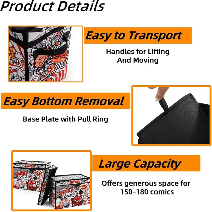 Comic Book Storage Box, 15.3" x 7.8" x 11.8" Large Comic Book Case, Oxford Fabric Organizer, Collapsible Storage Bin with Lid and Handles for Books Magazines Collections, Cartoon Colorful