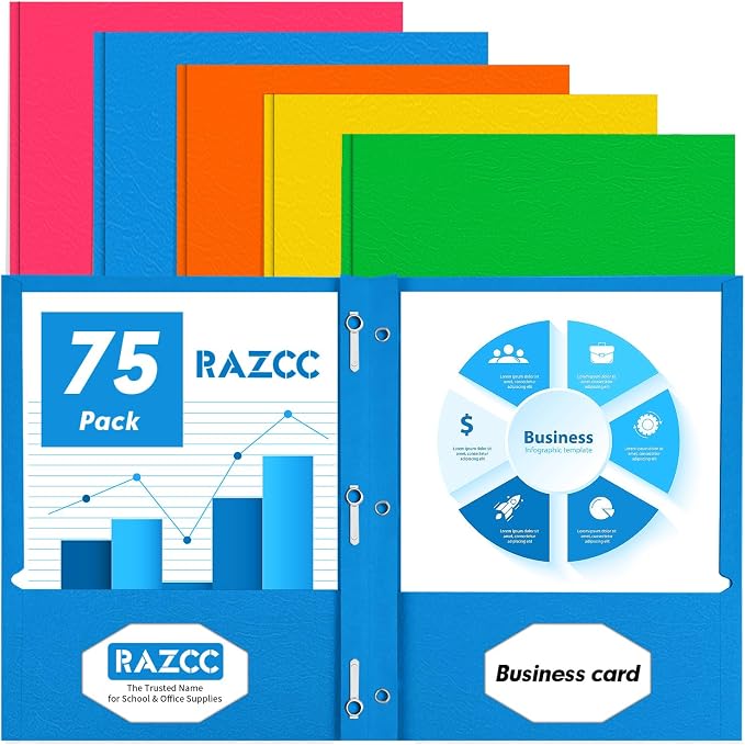 Two Pocket Folders, RAZCC 75 Pack Two Pocket Folders with Prongs, 3 Prong Folders Fit Letter Size Paper, Pocket Paper File Folders for School Office Home Business, Assorted 5 Colors