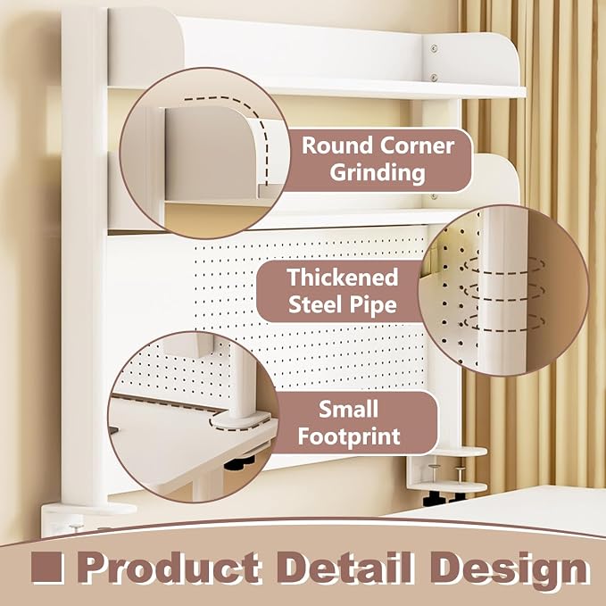 Clamp On Desk Organizer Shelf,White Desk Extender Pegboard Workstation,Computer Desk Accessories for Office, Desktop Shelving System,Desktop Bookshelf Storage Shelves for Desk,23.6in
