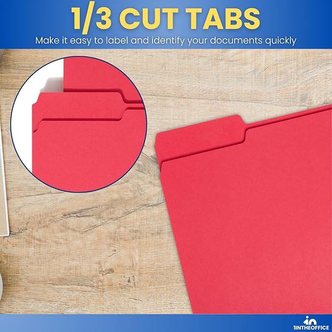 1InTheOffice Red File Folders Letter Size, File Folders with Tabs, Filling Folders, 1/3 Cut Tab, 24/Pack
