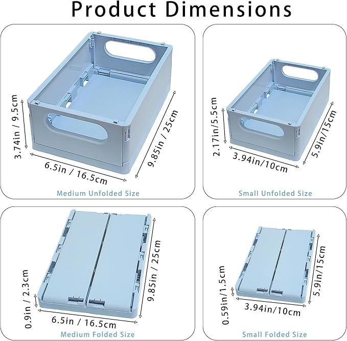 Plastic Storage Crate Folding Desk Organizer Basket Set of 4, 2 Medium+2 Small Collapsible Storage Bins Portable Organizing Crates for Office Classroom Kitchen Bedroom Bathroom Desktop Drawer, Blue