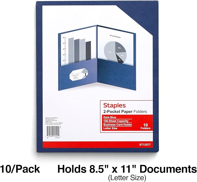 Staples 2-Pocket Paper Folders, Dark Blue – Letter Size School & Office Folders, 10-Pack