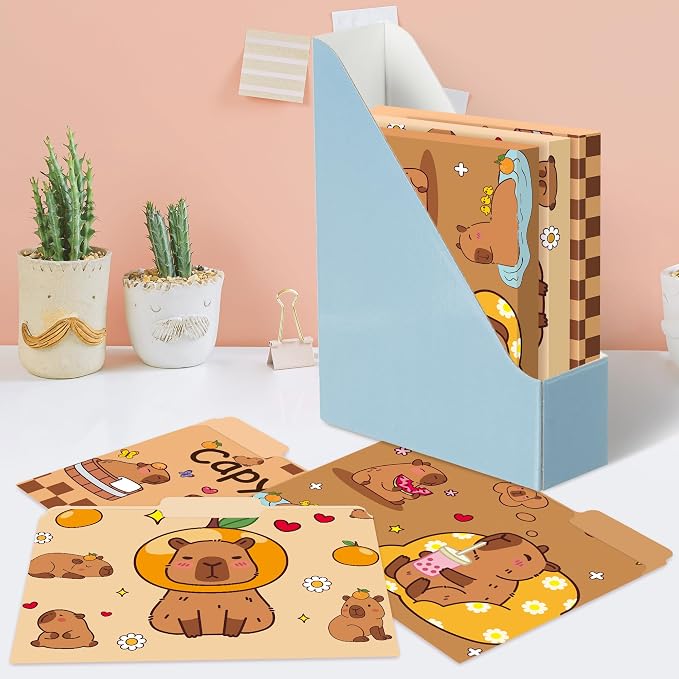 Xqumoi 12Pcs CAPY File Folders - Letter Size Cute Animal Decorative File Pockets with 1/3 Cut Tab Pretty Colored Folders for Office Home Classroom Supplies Documents Paper, 8.9 x 11.6 Inch