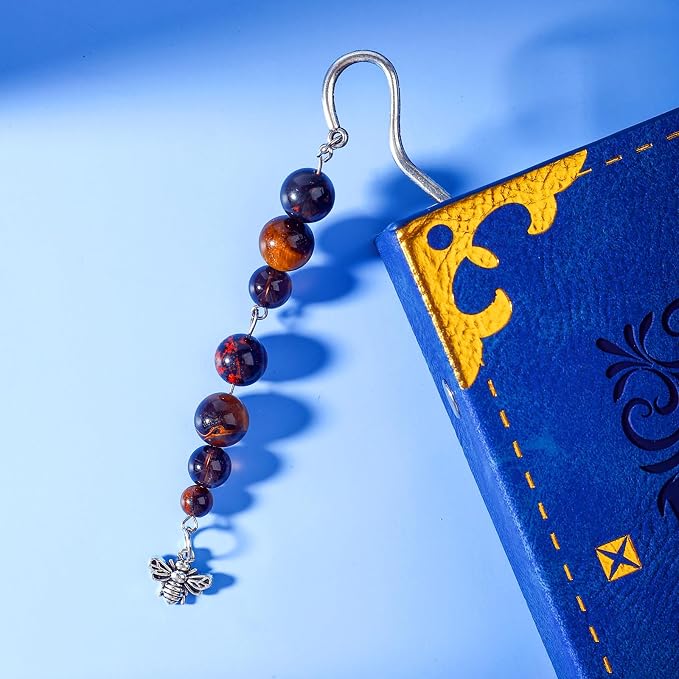 Vintage Metal Bee Bookmark Pendant with Natural Crystal Bead Chain–Elegant Bookmarks for Women,Men,Book Lovers,Teachers and Students(Tiger Eye)