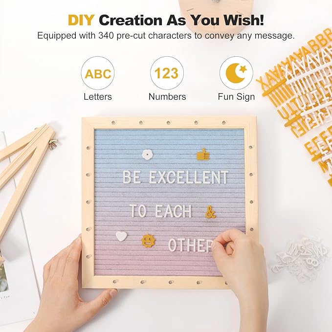 Lewondr Felt Letter Board, 10"×10" Wooden Letter Board Sign, Changeable Message Board with 20 LED Lights & 340 Letters, Pregnancy Baby Announcement Sign, First School Day Board, Colorful