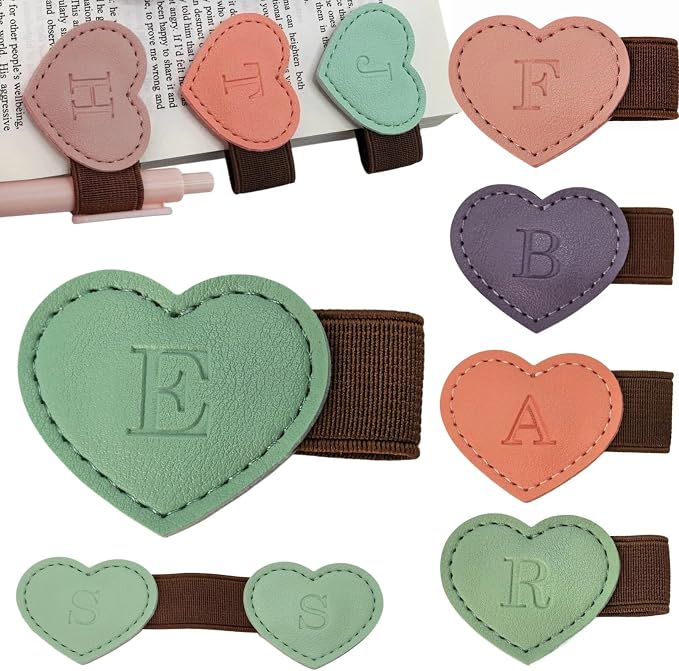 Personalized Magnetic Leather Heart Bookmark with Pen Holder - 26 Letters Custom Book Mark Notebook Pencil Loop with Initial Book Marker for Readers, Book Lovers- Gifts for Women Men(Green,E)