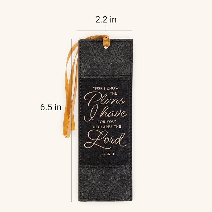 Christian Art Gifts Premium Faux Leather Charcoal & Black Floral Scripture Bookmark for Women: Know the Plans Golden Inspirational Bible Verse, Gold Satin Ribbon Markers for Reading, Marking Pages