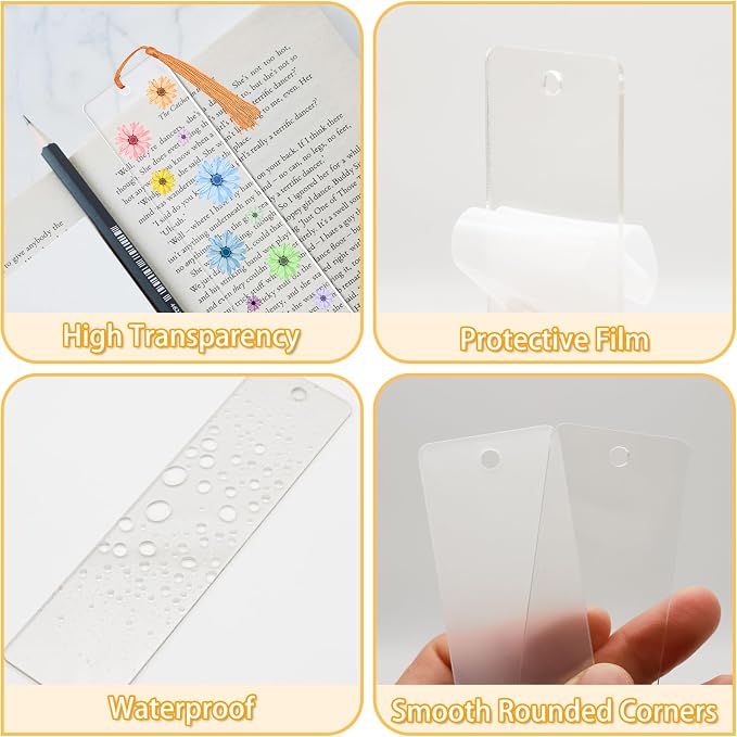 DSYIL 40 PCS Acrylic Bookmarks Blanks with 40 PCS Colorful Tassels, 1.8mm Thickness Rectangle DIY Clear Bookmark Bulk for Crafts Hanging Gift Tag Price Tags, 4.7 x 1.3 Inches