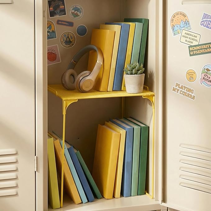 Colarr Yellow Locker Organizer Shelf Locker Accessories for Girls Stackable Storage Organization Shelf Area Saver Fits Standard Size for School Office Kitchen and Home