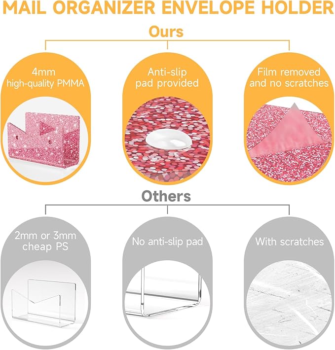 Mail Organizer Envelope Holder - 3 Compartments Glitter Pink Acrylic Mail Holder Countertop Vertical Desk Organizer Small File Bill Document Notebook Letter Sorter for Home School Office