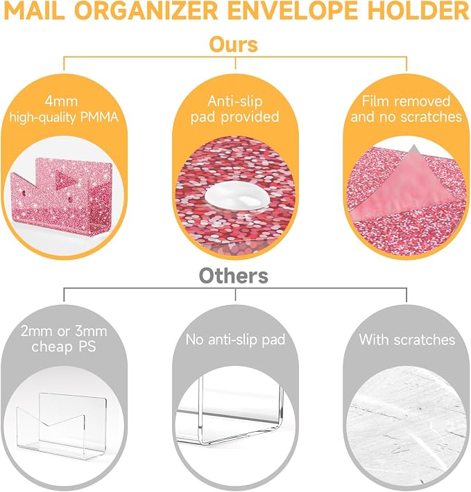 Mail Organizer Envelope Holder - Glitter Pink Acrylic Mail Holder Countertop Vertical Desk Organizer Small File Bill Document Notebook Letter Sorter for Home School Office Supplies