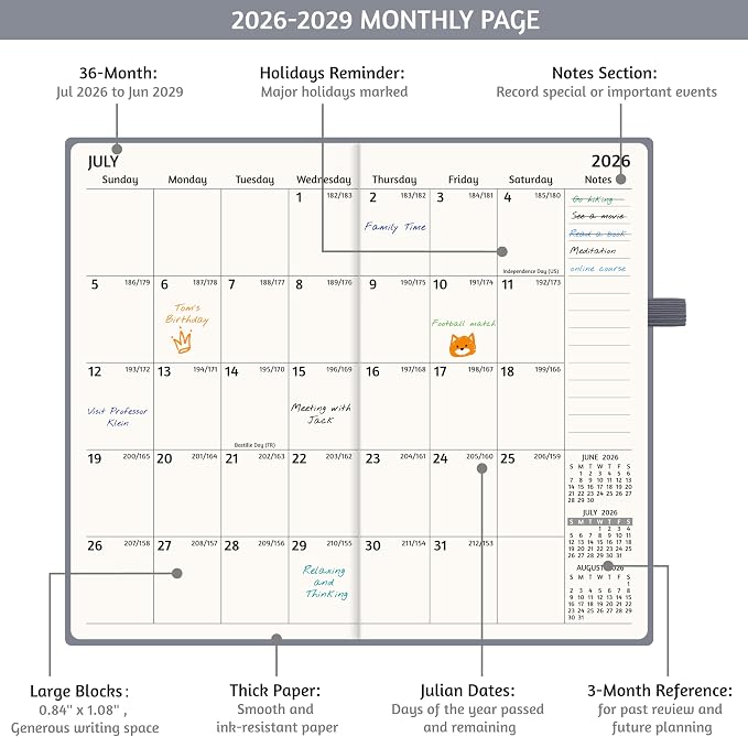 2026-2029 Pocket Monthly Planner, 3 Year Calendar 2026-2029, 6.2’’ x 3.6’’ x 0.67’’, Small Calendar 2026, 36 Months from Jul 2026 - Jun 2029, Hardcover, Back Pocket, Thick Paper, Lightweight to carry