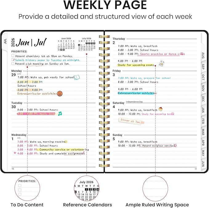 Planner 2026-2027 for Women & Men, Set of 3, Academic Monthly and Weekly Calendar Planner, Jul 2026 - Jun 2027, A5 (6.3" x 8.5"), Teacher Student Planning Book with Tabs, Ideal for Office School Supplies - 3 Black