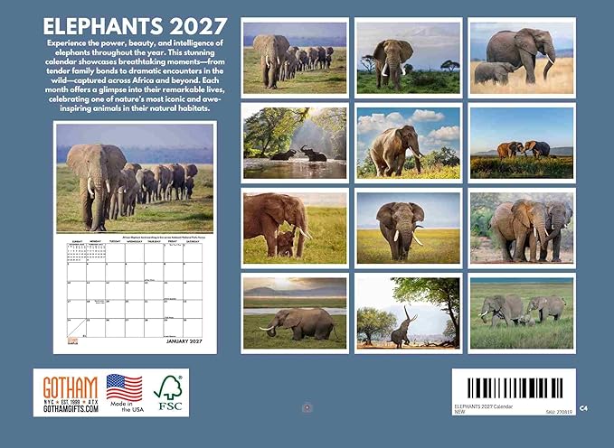 Elephant Calendar 2027 Monthly Wall Calender 12 Month