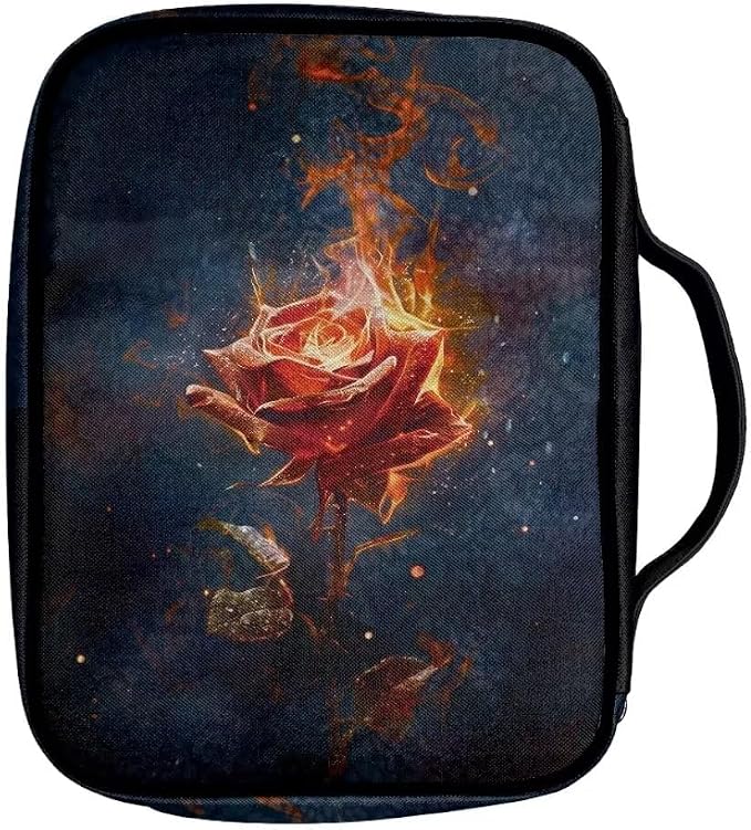 Coldinair Burning Rose Bible Cover Case for Women,Carrying Book Cover Bible Holders with Handle and Zippered Pocket,Fits for Standard/Large Size Bible