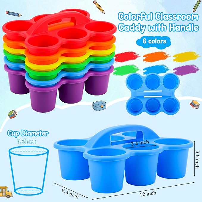 Novabright 12 Pack Classroom Caddy, Stackable Plastic Caddy Storage Basket with Handle for Kids, Table Desk Office Arts, Crafts, Crayon, Marker, Pencil, School Supplies (Assorted Colors)