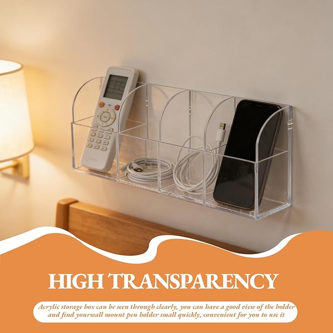 4 Case Remote Control Holder, Wall Mount Pen Holder Remote Caddy Organizer, Transparent Acrylic Storage Box for Home Office School Supply Orgaizer