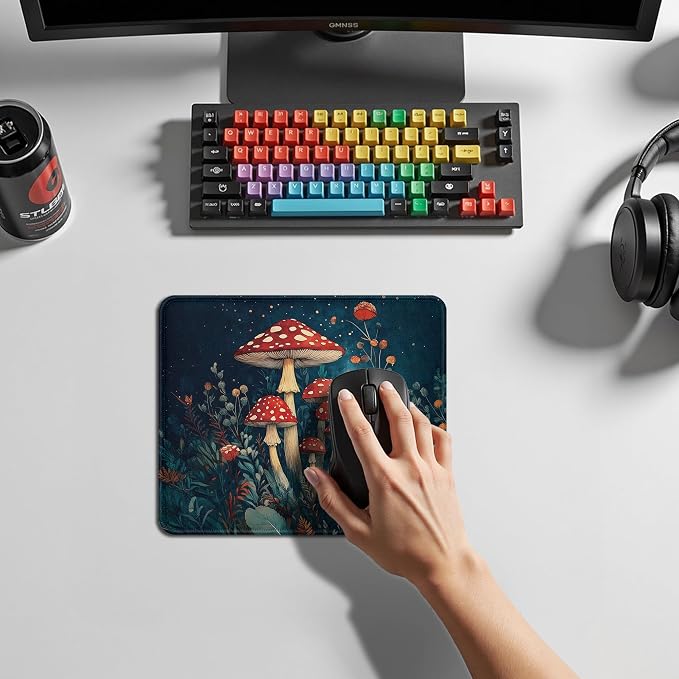 Dark Moody Floral Mushroom Mouse Pad, Gifts for Mushroom Lovers, Dark Cottagecore Deep Teal Forest Moss Botanical Mouse Pad for Home Office Computer Gaming Desk Essentials, 9.5x7.9 Inch