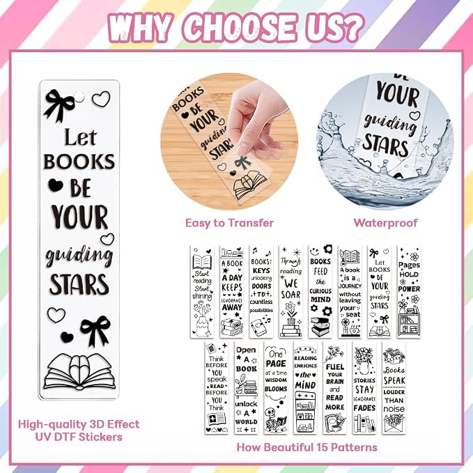 Peacoblue 30pcs UV DTF Bookmarks Transfer Stickers Wraps Black Inspirational Words for Women Men Reading, Waterproof Bookmarkers Decal(No Blank Bookmarks) for Acrylic Plastic Metal Blank Bookmark