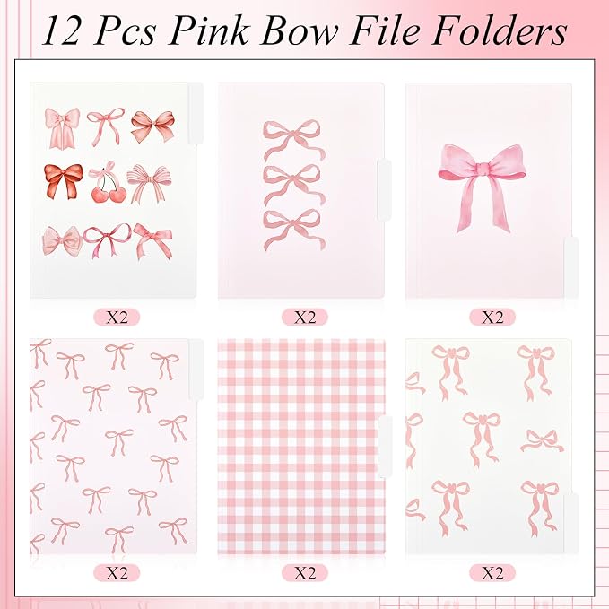 Yaomiao 12 Pcs Coquette Pink Bow File Folders, Letter Size Bowknot Plaid Decorative File Organizer with 1/3 Cut Tab, Cute Pretty Document Holder for Office Home Studyroom Birthday Gifts, 8.5 x 11 Inch