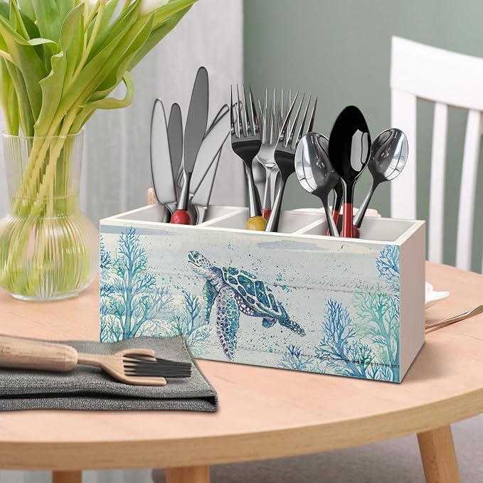 Sea Turtle Coastal Pen Holder for Home Office Desk, Beach Office Decor, Beach Turtle Makeup Brush Toothbrush Holder Organizer for Bathroom Desk Accessories