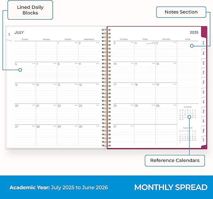 Blue Sky 2025-2026 Weekly and Monthly Academic Year Planner Calendar, July 2025 - June 2026, 8.5" x 11", Flexible Cover, Wirebound, Storage Pocket, Laminated Tabs, Mahalo