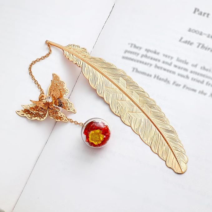 Teacher Retirement Gifts - Metal Feather Bookmark with 3D Butterfly & Real Dried Flower Pendant - Bookmark for Women & Book Lovers Under 10 Dollars - Gift Box Included