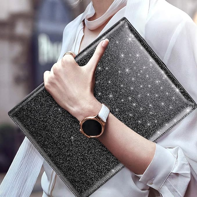 WAVEYU Glitter Portfolio Case, Bling Padfolio Cover for Women, Conference/Resume/Legal Document Organizer with Letter/A4 Size Clipboard Hardboard, Business Card Holders, Black
