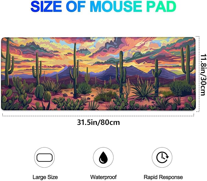 Cactus Pattern Gaming Mouse Pad, Extended Desert Sunset Colorful Sky Desk Mat Computer Laptop Mousepad, Robust Stitched Edges, 31.5"×11.8" Large Office Keyboard Mouse Pads for Desktop Decor