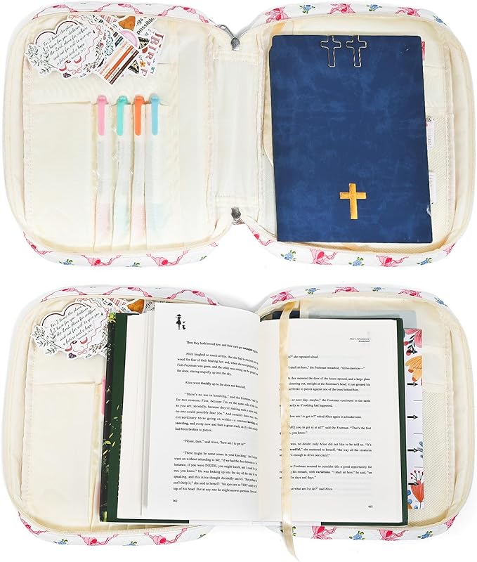 WOBAGMEN Bible Cover Case for Women,Large Bible Tote Bags Organizer Quilted Carrying Case for Girls,Bible Study Supplies Accessories Christian Gifts for Women (linggehua, M)