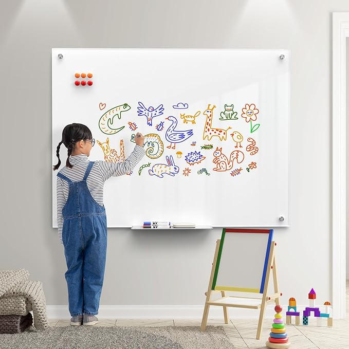 MaxGear Glass Whiteboard Wall Mounted, Frameless Magnetic Dry Erase Board, Tempered Glass, Steel-Backed, Non-Porous Smooth Surface, Floating Design, Accessories Included, for Office Home Classroom