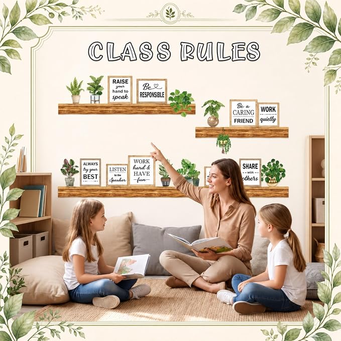 Qilery Class Rules Bulletin Board Decorations, Farmhouse Motivational Classroom Decor Set with Plant Wood Shelf Cutouts, Positive Behavior Quotes for Teacher Supplies, School Wall and Door Display