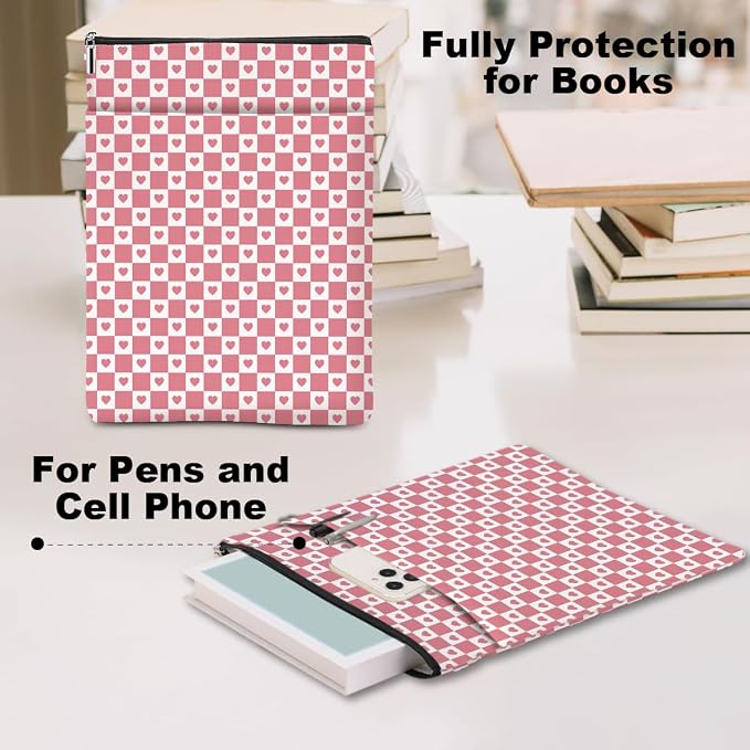 Heart Plaid Book Lovers Gifts Book Sleeve Vintage Checkered Waterproof Book Cover Book Pouch Book Protector with Front Pocket Book Club Christmas Birthday Gifts for Women Girl Niece Book Accessories