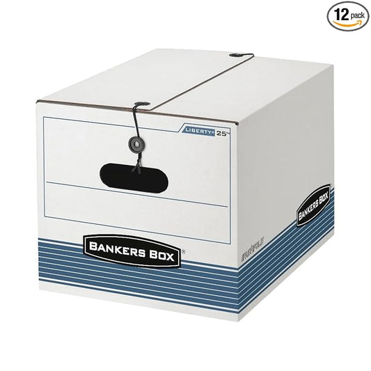 Bankers Box 12-Pack Medium-Duty String & Button File Storage Box, FastFold Assembly, Letter/Legal, STOR/FILE, (00025)