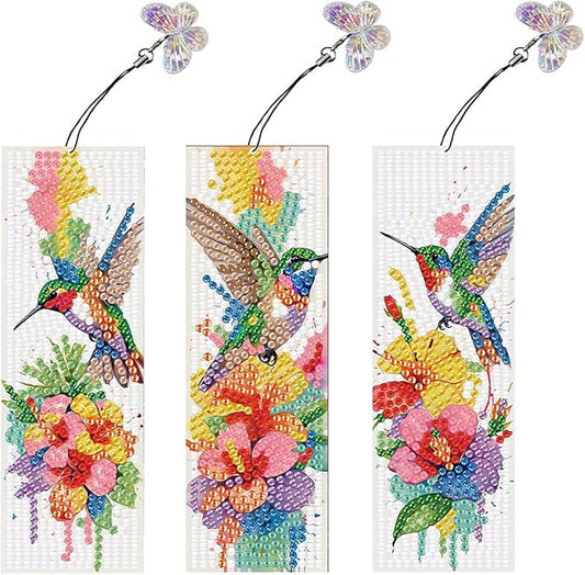 3Pcs DIY Diamond Art Painting Bookmarks with Colorful Butterfly Pendant PET Bookmark Ornament Double Sided Pattern Single Sided Diamond Book Marker Clip Gifts Tags-Flower Hummingbird