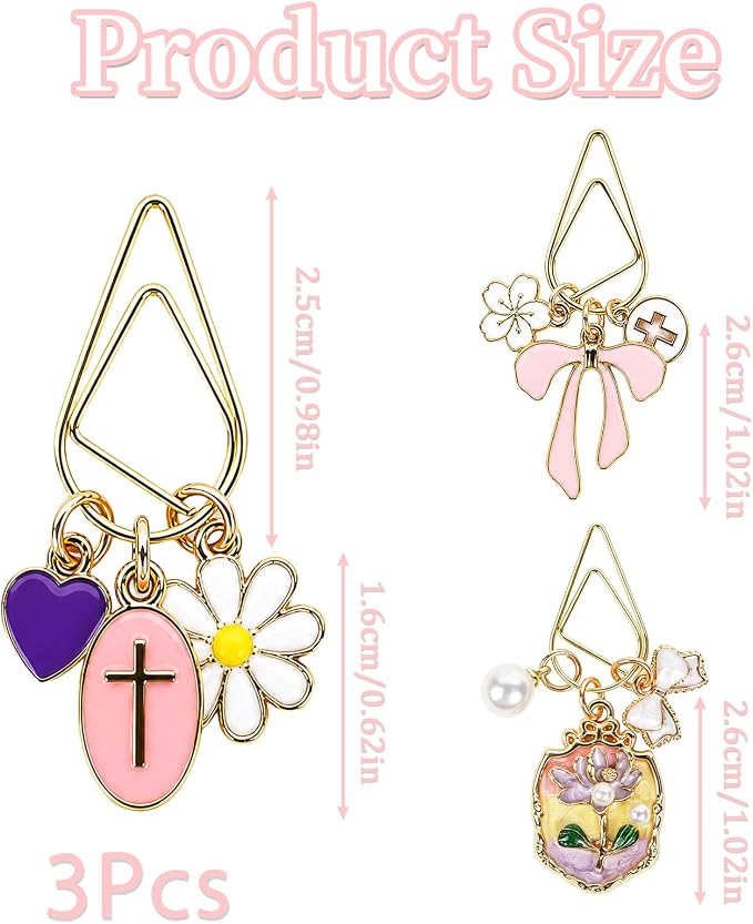 Wxiben Bow Paper Clip Bookmark - 3 Pcs Flower Cross Metal Paperclip Book Mark with Charms Page Marker Planner Decorative Paper Clips Gifts for Women Reading Book Lover School Accessories