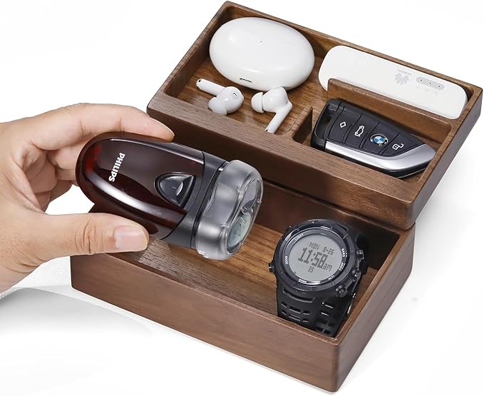 Valet Tray Box, Walnut Wooden Storage Box, Office Desk Daily Supplies Organizer