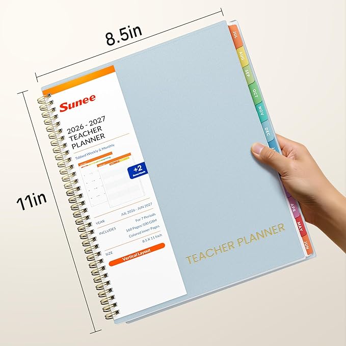 SUNEE Teacher Planner 2026-2027 Academic Year, 7 Periods Lesson Plan Book Jul 2026 - Jun 2027, 8.5"x11" Daily Weekly Monthly Organizers Vertical Layout with Calendars, Bookmark, Waterproof Cover, Blue