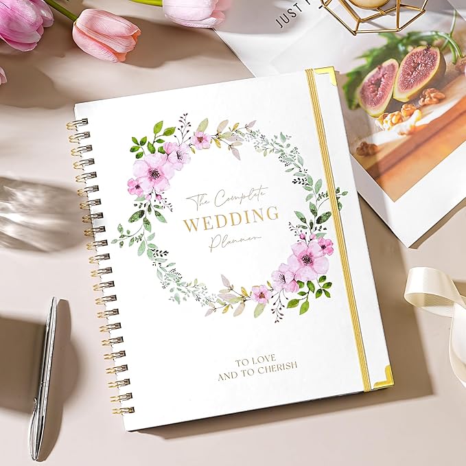 Wedding Planner for Bride - Wedding Planning Book and Organizer, 8.5" x 11" with Tabbed Sections, Metal Corner, 5 Inner Pockets, Sticker, Wedding Countdown Calendar